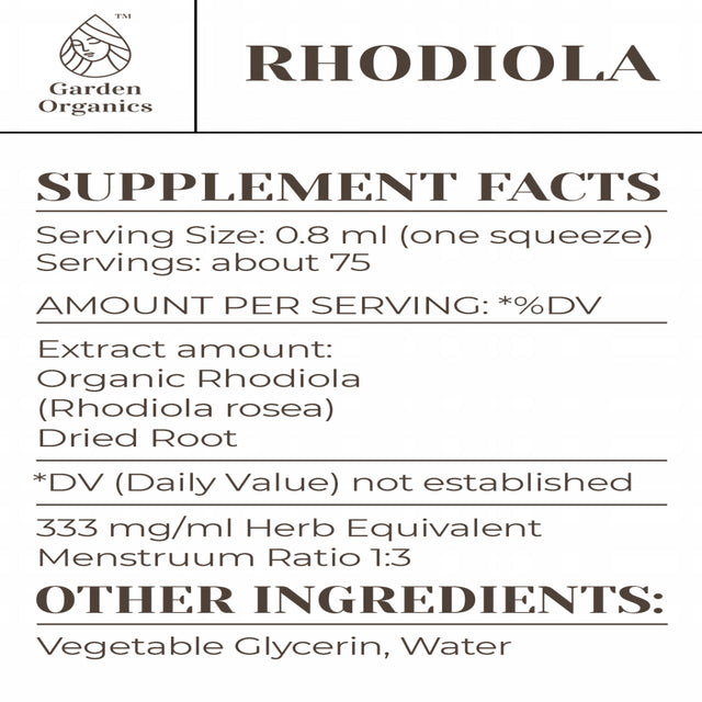 Garden Organics Rhodiola Tincture Alcohol-Free Extract, Organic Rhodiola (Rhodiola Rosea) Dried Root 2 Oz