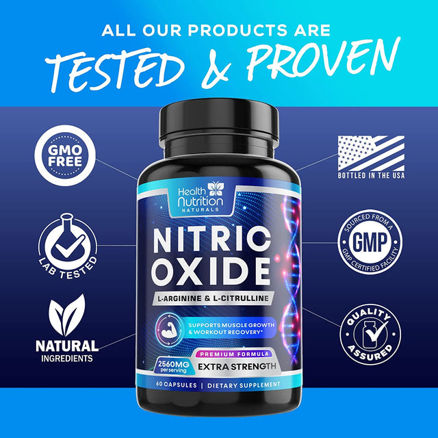 Extra Strength Nitric Oxide Supplement L Arginine 3X Strength - Citrulline Malate, AAKG, Beta Alanine - Premium Muscle Supporting Nitric Booster for Energy & Strength to Train Harder - 60 Capsules
