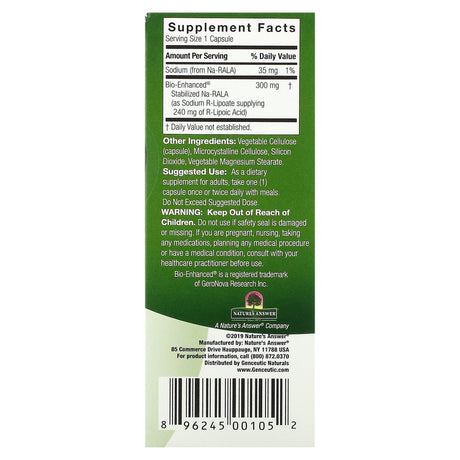 Genceutic Naturals R-Lipoic Acid+ 300 Mg 60 Veg Caps