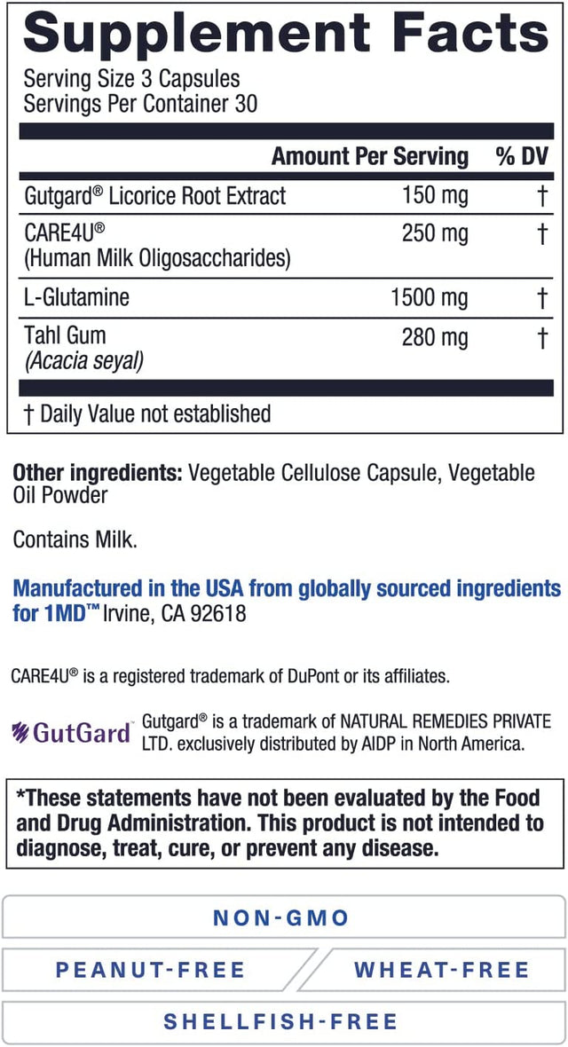 1MD Nutrition Gutmd - L-Glutamine Capsules W/Prebiotic for Gut Health - L Glutamine Supplement - Supports Healthy Digestive Tract Integrity - 90 Capsules