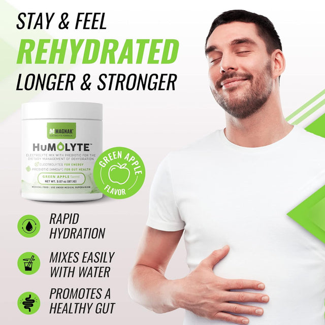 Humolyte Electrolytes Powder Mix, Improves Gut Health and Helps with Dehydration, Prebiotic for Women and Men, Gluten-Free Electrolyte Drink Formulated with HMO, Green Apple Flavor, 3.07 Oz