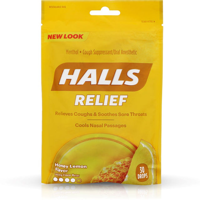Halls Triple Soothing Action Cough Drops, Honey Lemon 30 Each (Pack of 6)