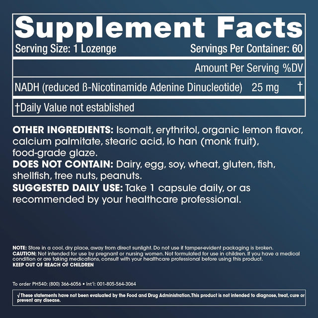 Prohealth NADH Pro - NAD Booster (25 Mg, 60 Fast-Acting Lozenges) Boost Energy, Memory and Focus | Mood Support | Antioxidant | ATP Production