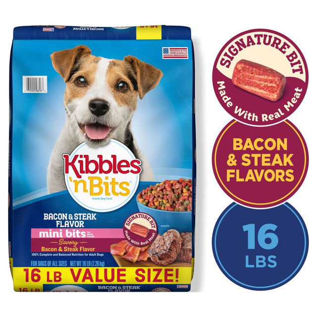 Kibbles ‘N Bits Mini Bits Bacon & Steak Flavor, Dry Small Breed Dog Food, 16-Pound Bag