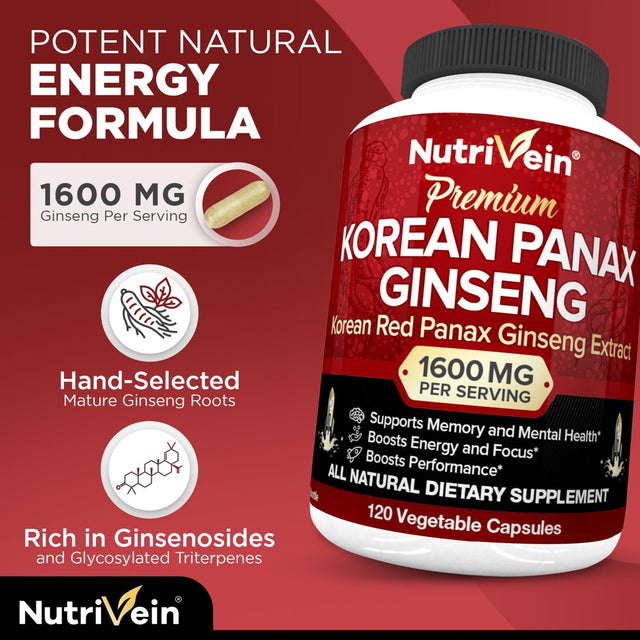 Nutrivein Korean Red Panax Ginseng 1600Mg - 120 Vegan Capsules - for Energy, Libido
