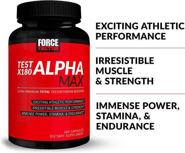 FORCE FACTOR Test X180 Alpha Max Total Testosterone and Nitric Oxide Booster for Men with Fenugreek Seed and Tribulus to Increase Blood Flow and Improve Male Athletic Performance, 180 Capsules