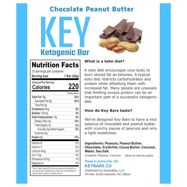 Key Keto Bars - Chocolate Peanut Butter Keto Bars - Keto Protein Bars Are Keto Snacks and Keto Food on the Go. High Fat, Low Carb.12 Pack Key Bars