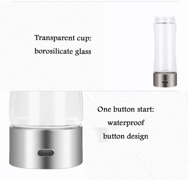 Portable 3 Minute Hydrogen-Rich Water Bottle Rechargeable High Concentration Hydrogen Generator Glass Bottle Anti-Aging Anti-Oxidation Alkaline Water Generator, 350Ml