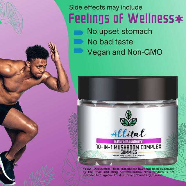 Allital 10-IN-1 Mushroom Complex | Mushroom Supplement 2500Mg | 60 Vegan Mushroom Gummies | Lions Mane, Cordyceps, Chaga, Shiitake, Reishi, Maitake, Turkey Tail, Royal Sun, White Button and Cloud Ear