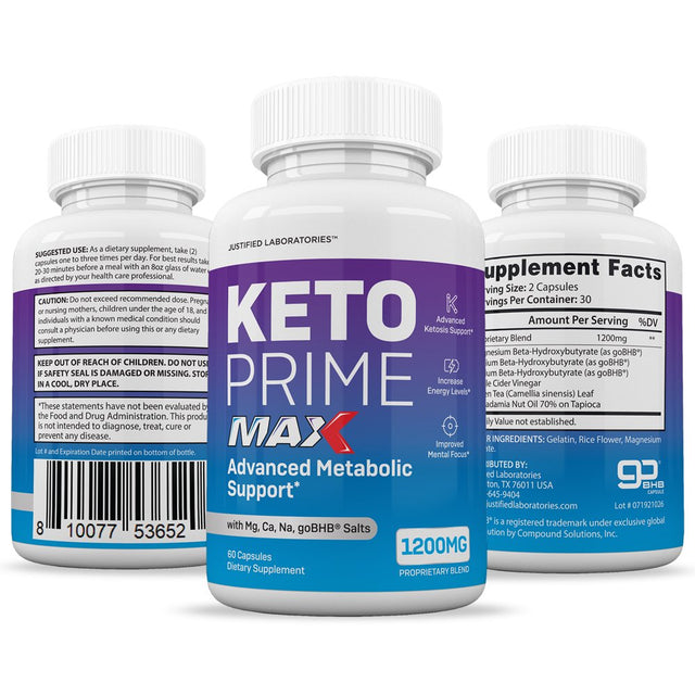 Keto Prime Max 1200MG Pills Includes Apple Cider Vinegar Gobhb Strong Exogenous Ketones Advanced Ketogenic Supplement Ketosis Support for Men Women 60 Capsules