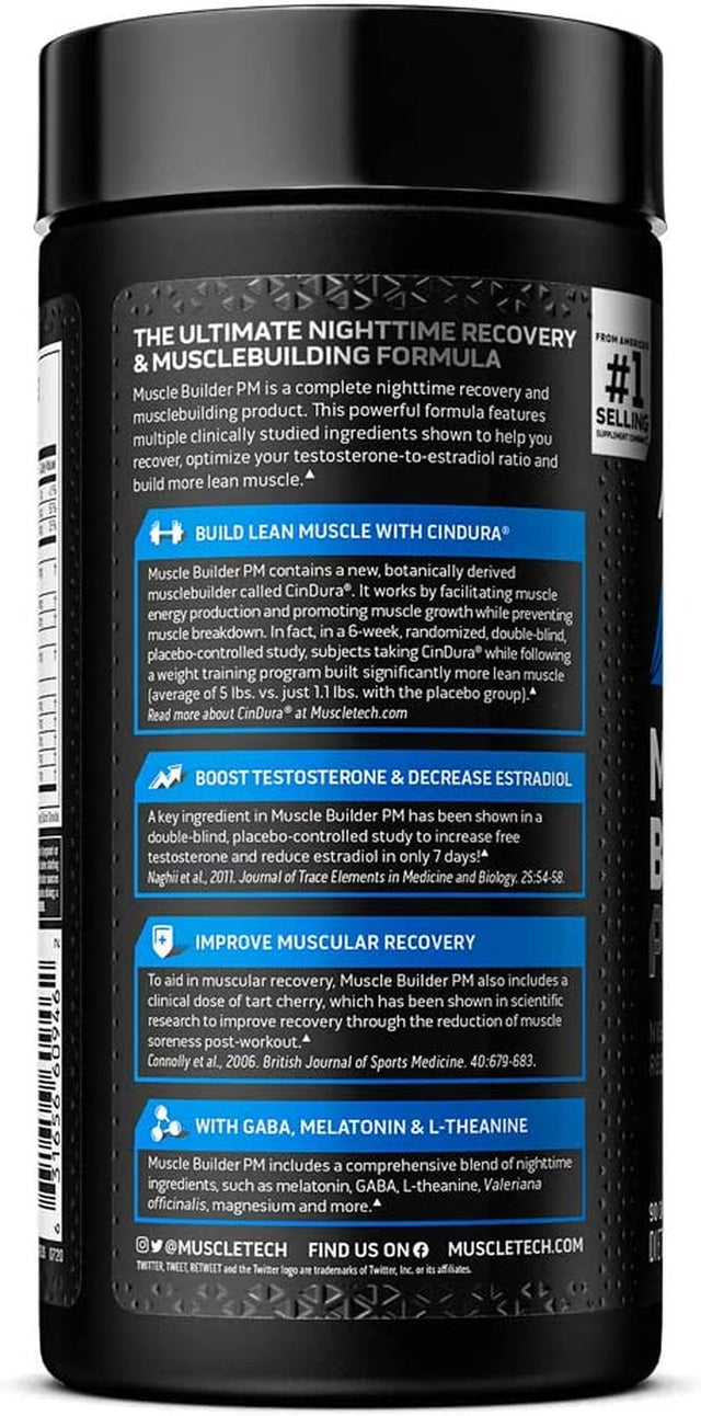 Muscle Builder PM, Muscletech Nighttime Post Workout Recovery Formula, Testosterone Booster for Men + Enhance Strength & Lean Muscle, 5Mg Melatonin Sleep Supplement, Decrease Estradiol, 90 Count
