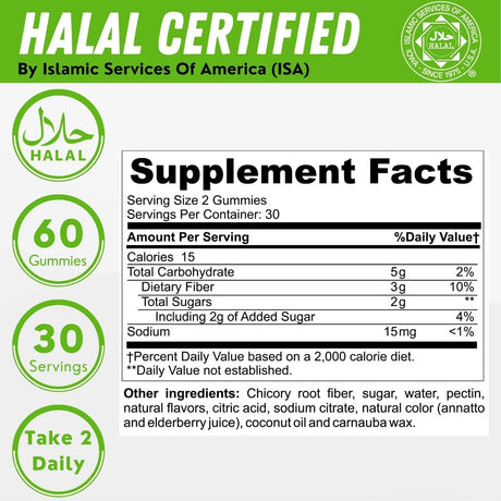 Halal & Gluten Free Fiber Gummies for Kids & Adults | 3G, 30-60 Servings | 60 Gummies | Improves Digestive Health, Immunity & Gut Health | Vegan Prebiotic | Non-Gmo, Gelatin-Free
