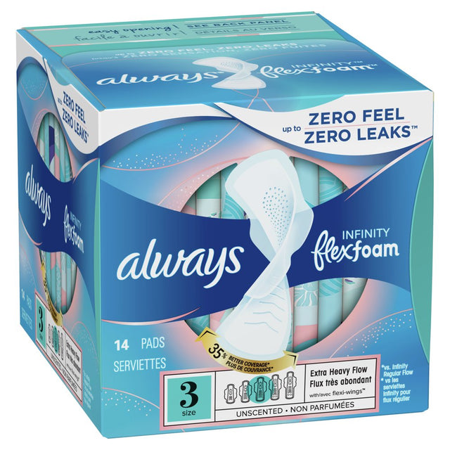Always Infinity Feminine Pads with Wings, Size 3, Extra Heavy Absorbency, Unscented, 14 Count