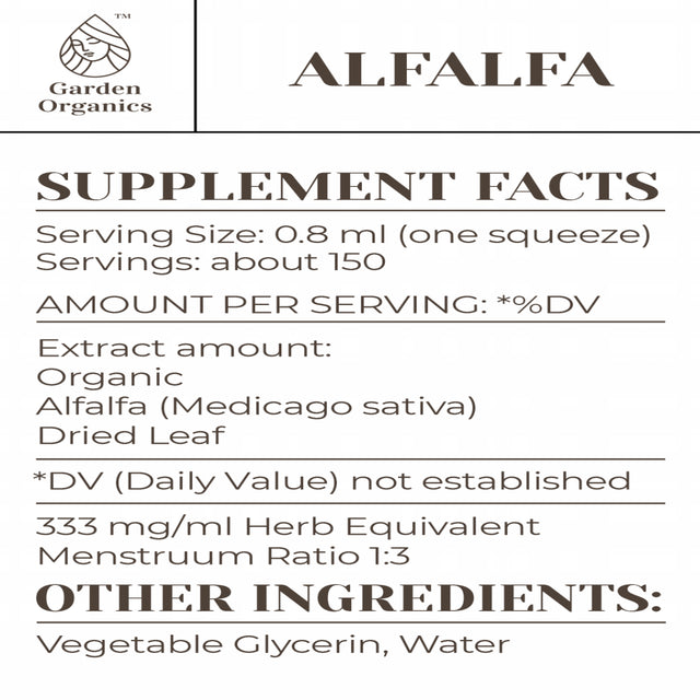 Garden Organics Alfalfa Tincture Alcohol-Free Extract, Organic Alfalfa (Medicago Sativa) Dried Leaf 4 Fl Oz