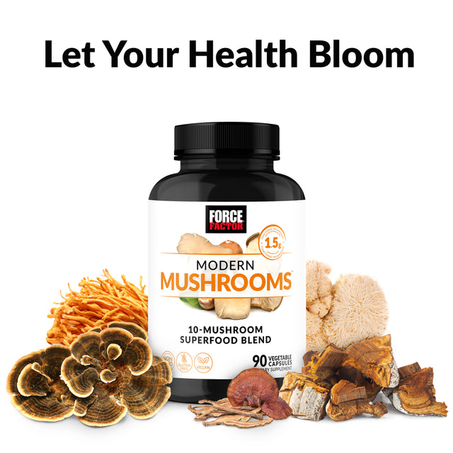 Force Factor Modern Mushrooms Capsules, Mushroom Supplement to Support Energy, Focus, Immunity, & Digestion with Cordyceps, Turkey Tail, Chaga, Reishi, Lion’S Mane, Shiitake, 90 Vegetable Capsules
