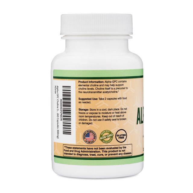 Alpha GPC Choline Supplement, Pharmaceutical Grade, Made in USA (60 Capsules 300Mg)