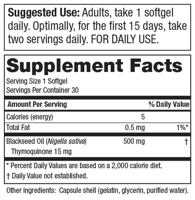 High Potency Black Seed Oil - Double Strength + Cold Pressed - 3% Thymoquinone - 500 Mg Black Cumin Seed Oil - Omega 6 + 9 Essential Fatty Acids - Easy to Swallow, Just One per Day - 30 Mini Softgels