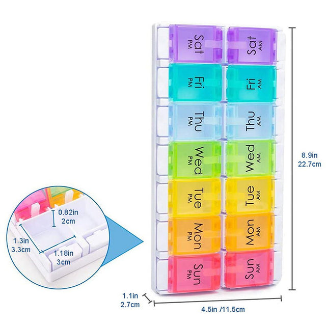 AM/PM Weekly 7 Day Pill Organizer Large Daily Pill Cases Box with Easy Push Button Design for Pills Vitamin Fish Oil Supplements Organizers,Colorful
