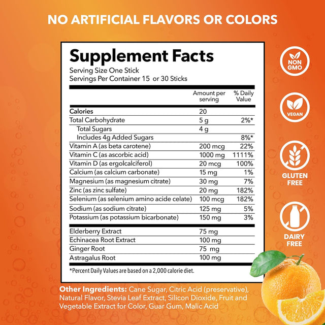 Healthy Human Hydrogo Immunity plus Electrolytes Hydration Powder | Rapid Hydration Booster Electrolyte Packets | Natural Orange Flavor Drink Mix for Immunity Boost | Made in USA - 30 Stick Packets