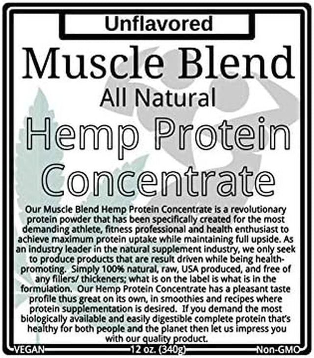 Hemp Protein Concentrate Powder, Raw Vegan, 100% Pure Unflavored, USA, Muscle Blend, 12 Oz Pouch
