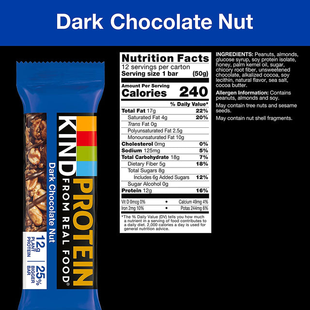 KIND Protein Bars, Dark Chocolate Nut, Healthy Snacks, Gluten Free, 12G Protein, 12 Count