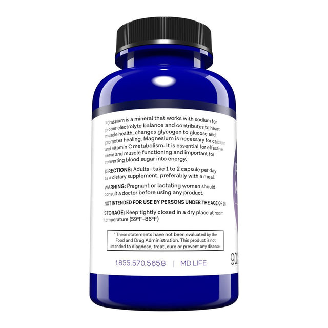 MD. Life Magnesium Potassium Supplement - 90 Ct - High Absorption Magnesium Complex Magnesium and Potassium for Vascular Health, Leg Cramps, Magnesium for Sleep, Non-Gmo