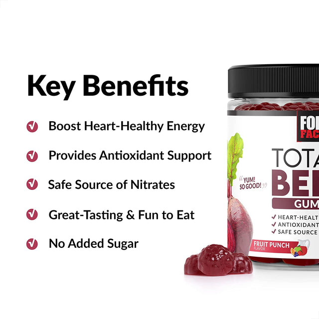 Force Factor Total Beets Gummies Beet Supplement with Beet Powder,Superfood with Nitrates, Great-Tasting Beet Chewables for Heart-Healthy Energy, Antioxidant Support, and More, 60 Gummies