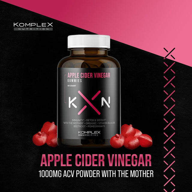 Komplex Nutrition Apple Cider Vinegar Gummies, Improve Digestion, Detox, 1000Mg ACV Powder with Mother, 60 Vegan and Gluten-Free Supplement Gummies (ACV GUM)