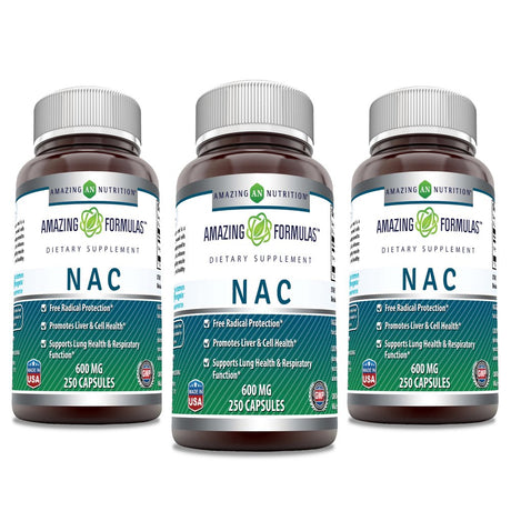 Amazing Formulas NAC (N-Acetyl Cysteine) - 600Mg 250 Capsules - Pack of 3