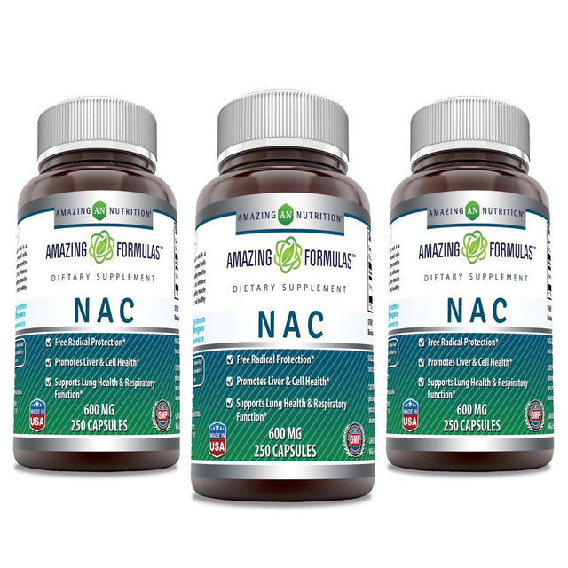 Amazing Formulas NAC (N-Acetyl Cysteine) - 600Mg 250 Capsules - Pack of 3