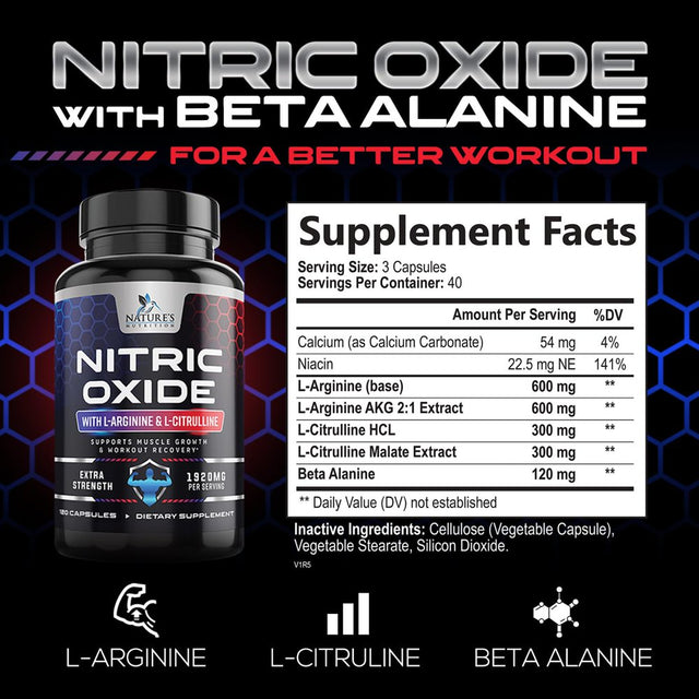 Extra Strength Nitric Oxide Supplement L Arginine 3X Strength - Citrulline Malate, AAKG, Beta Alanine - Premium Muscle Supporting Nitric Oxide Booster for Strength & Energy Supplements - 120 Capsules