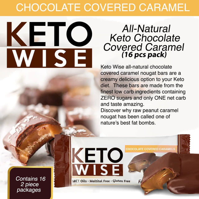 Keto Wise Fat Bombs - Made with Chocolate Containing MCT Oil - Low Fat, Low Carb and Keto Friendly Snack - 8G Fat, 2G Net Carbs | Chocolate Covered Caramels, 2 Count (Pack of 16)