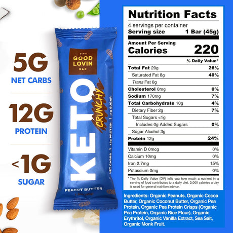 Keto Snack Bars | Low Carb Vegan Protein Bars | Healthy, Low Sugar Plant Based Snacks | Gluten Free Paleo Bars | Keto Friendly Food by the Good Lovin Bar - 4 Count (Crunchy Peanut Butter)