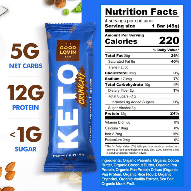 Keto Snack Bars | Low Carb Vegan Protein Bars | Healthy, Low Sugar Plant Based Snacks | Gluten Free Paleo Bars | Keto Friendly Food by the Good Lovin Bar - 4 Count (Crunchy Peanut Butter)