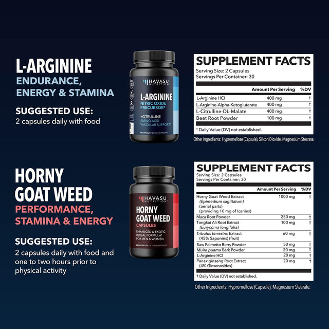 HAVASU NUTRITION L Arginine and Horny Goat Weed Bundle for Powerful Male Enhancing Supplement for Performance & Endurance Due to Increased Vascular Support