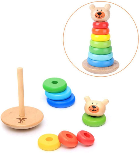 Gara Rainbow Bear Stacker Wooden Ring Toy, Ring Toy, Stacking Rings for Baby and Toddlers, Learning Educational Ring Toys, Color Stacker Sorting Pyramid Fun Activity for 18 Months and Up