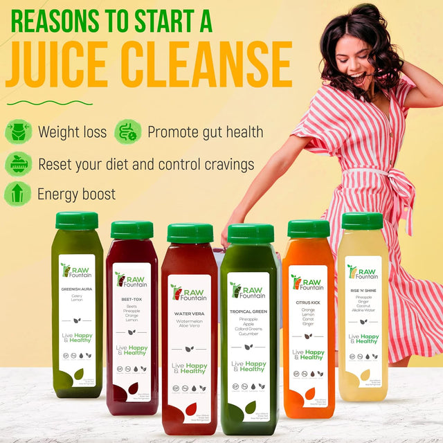 3 Day Juice Cleanse by Raw Fountain, Tropical Flavors, All Natural Raw, Cold Pressed Fruit and Vegetable Juices, Detox Cleanse, 18 Bottles 12Oz, 3 Bonus Ginger Shots