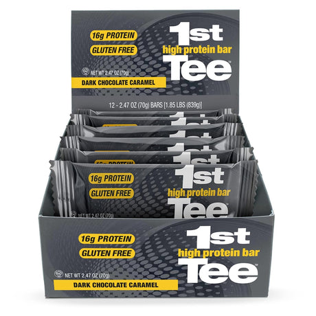 1St Tee High Protein Bar 12 Pack Golf Protein Energy Bars | High Protein and Delicious Dark Chocolate Caramel Flavor | Gluten Free Snack Bar| Including 16 Grams of Protein and 3 Grams of Sugar