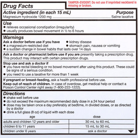 Equate Milk of Magnesia Saline Laxative, Original Flavor, 1200 Mg, 26 Fl Oz