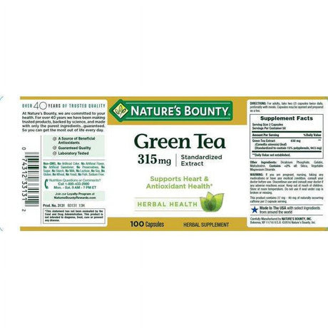 Nature'S Bounty Green Tea Extract Weight Loss Supplement, 315 Mg, 100 Capsules