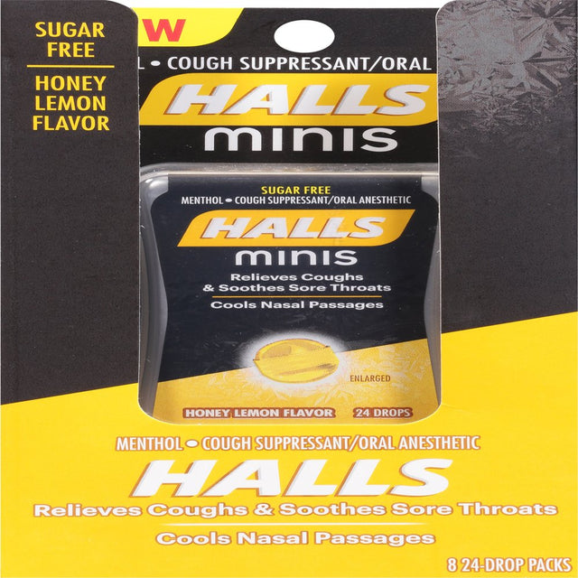 HALLS Minis Honey Lemon Flavor Sugar Free Cough Drops, 8 Pack of 24 Drops (192 Drops Total)