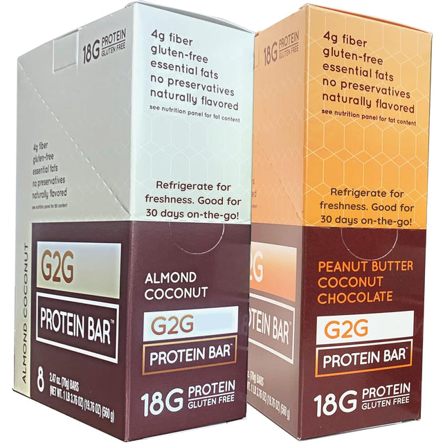 G2G Protein Bar, Coconut Lovers 2-Pack, 1 Box Peanut Butter Coconut, 1 Box Almond Coconut, Healthy Snack, Delicious Meal Replacement, Gluten-Free, Refrigerated for Freshness, 16 Count (2 Packs of 8)
