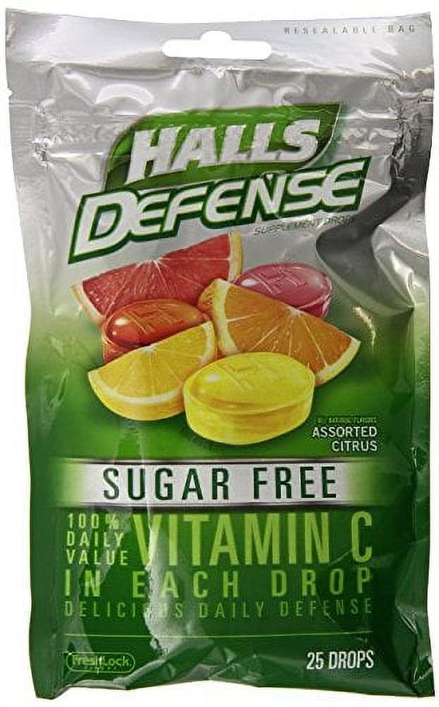 Halls Defense Sugar Free Citrus Drops, 25 Ct | Nutrihub CA