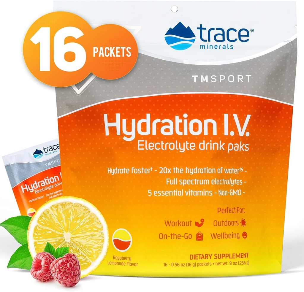 Trace Minerals | Hydration I.V. Electrolyte Drink Packs | Full Spectrum Mineral Mix |Supports Rapid Rehydration, Energy, Stamina and Muscle Recovery | Raspberry Lemonade Flavor | 16 Packs