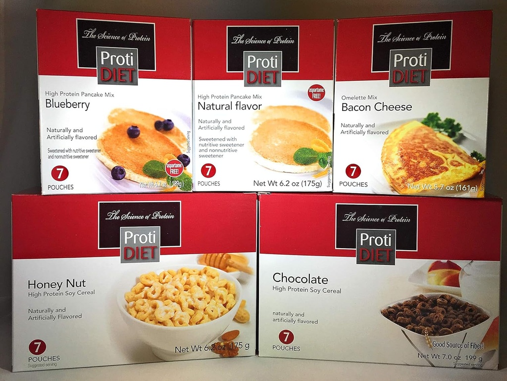 Proti Diet Breakfast Sampler by Being Well Essentials - 5 Different Products - 7 Servings of Each - 35 Total Servings - 15G Protein - ONLY 90-110 Calories per Serving