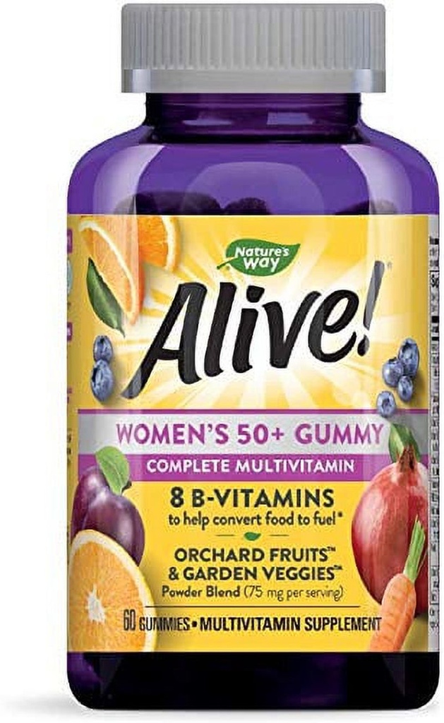 Boericke & Tafel Nature'S Way Alive Women'S 50+ Multivitamin Gummies Foodbased Blend 75Mg per Serving Gluten Free Made with Pectin Gummies, Wine, Fruit, 60 Count