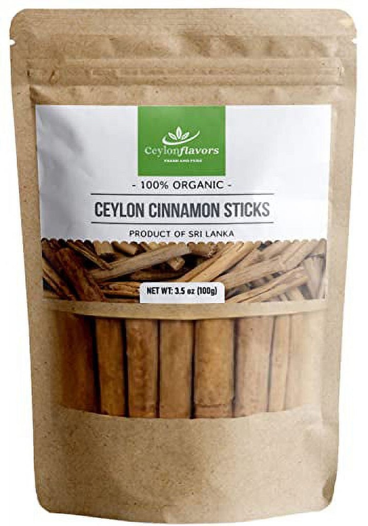 Ceylon Flavors Organic Ceylon Cinnamon Sticks 3.5 Oz ( 3 ") True Cinnamon, Premium Grade, Harvested & Packed from a USDA Certified Organic Farm in Sri Lanka (Not Cassia Cinnamon)