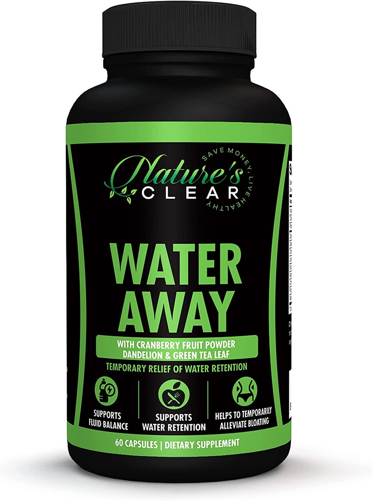 Nature'S Clear Water Away Natural Diuretics for Water Retention with Dandelion Leaf, Green Tea & Apple Cider Vinegar, Relieve Water Retention, Bloating Relief for Women & Men, 60 Capsules