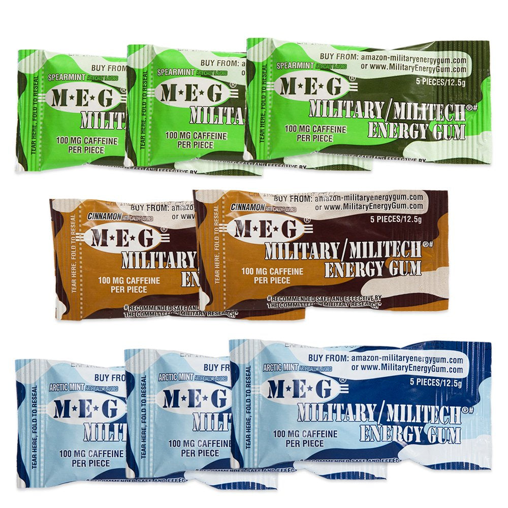 MEG - Military Energy Gum | 100Mg of Caffeine per Piece + Increase Energy + Boost Physical Performance + Multi Flavors of Arctic Mint , Spearmint, & Cinnamon + 8 Packs (40 Count)