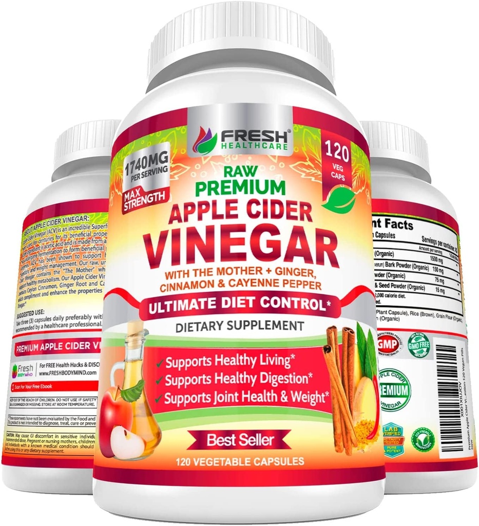 Apple Cider Vinegar Capsules Max 1740Mg with Mother - 100% Natural & Raw with Cinnamon, Ginger & Cayenne Pepper - Ideal for Healthy Living, Detox & Digestion -120 Vegan Pills